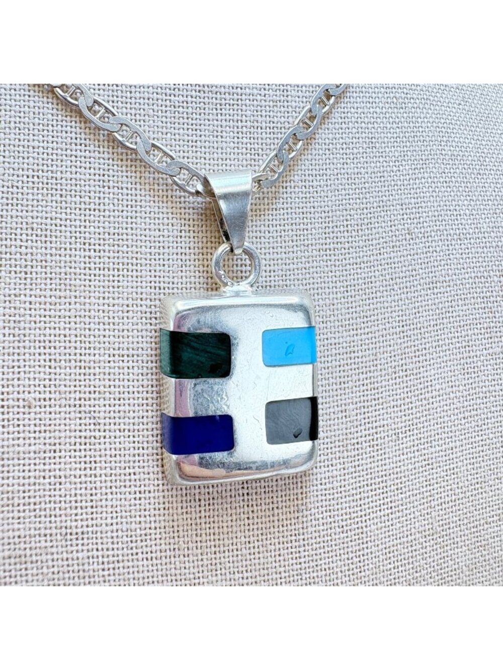 Multi Gemstone Southwestern Pendant Necklace Sterling Silver 925 Size 23" Length